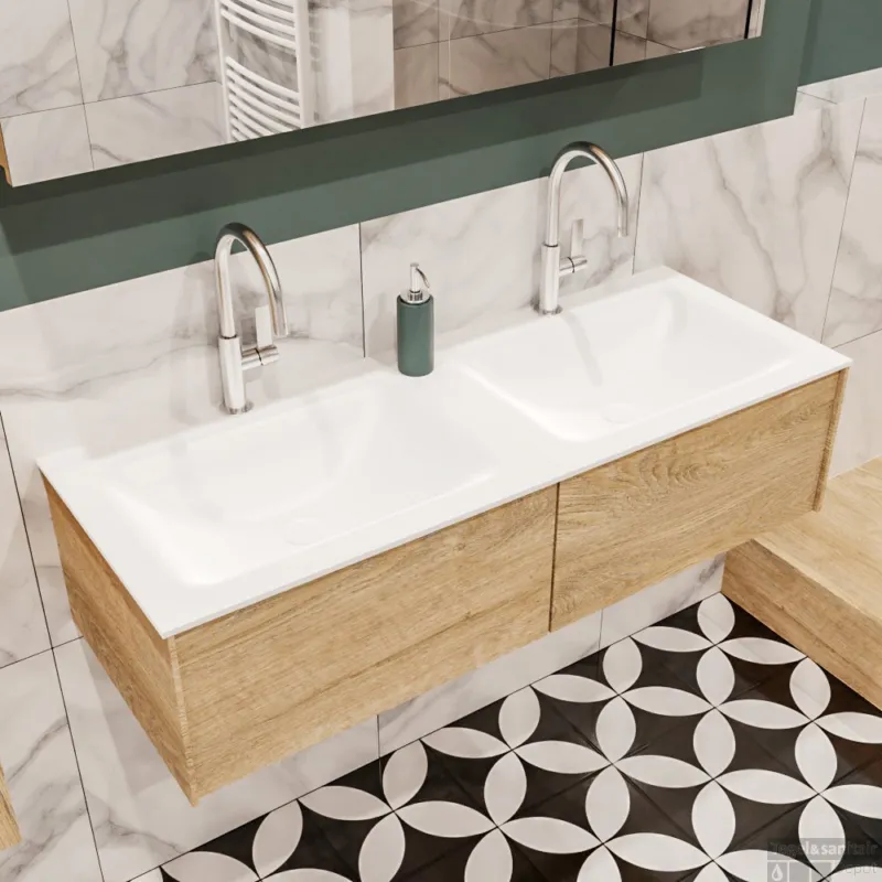 Flitsaanbieding MONDIAZ LUSH 120 badmeubel washed oak 2 lades wastafel dubbel 2 kraangaten