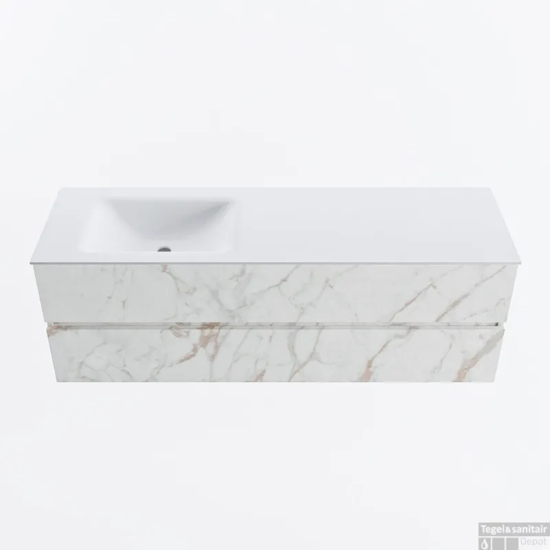 Weekendaanbieding MONDIAZ VICA 150cm badmeubel onderkast Carrara 2 lades. Wastafel CLOUD links 1 kraangat, kleur Talc.