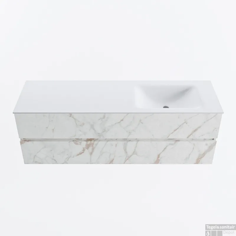 MONDIAZ VICA 150cm badmeubel onderkast Carrara 2 lades. Wastafel CLOUD rechts 1 kraangat, kleur Talc. Aanbieding