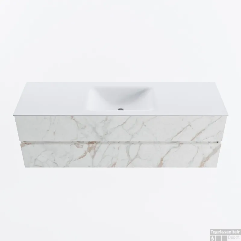 MONDIAZ VICA 150cm badmeubel onderkast Carrara 2 lades. Wastafel CLOUD midden zonder kraangat, kleur Talc. Flitsaanbieding