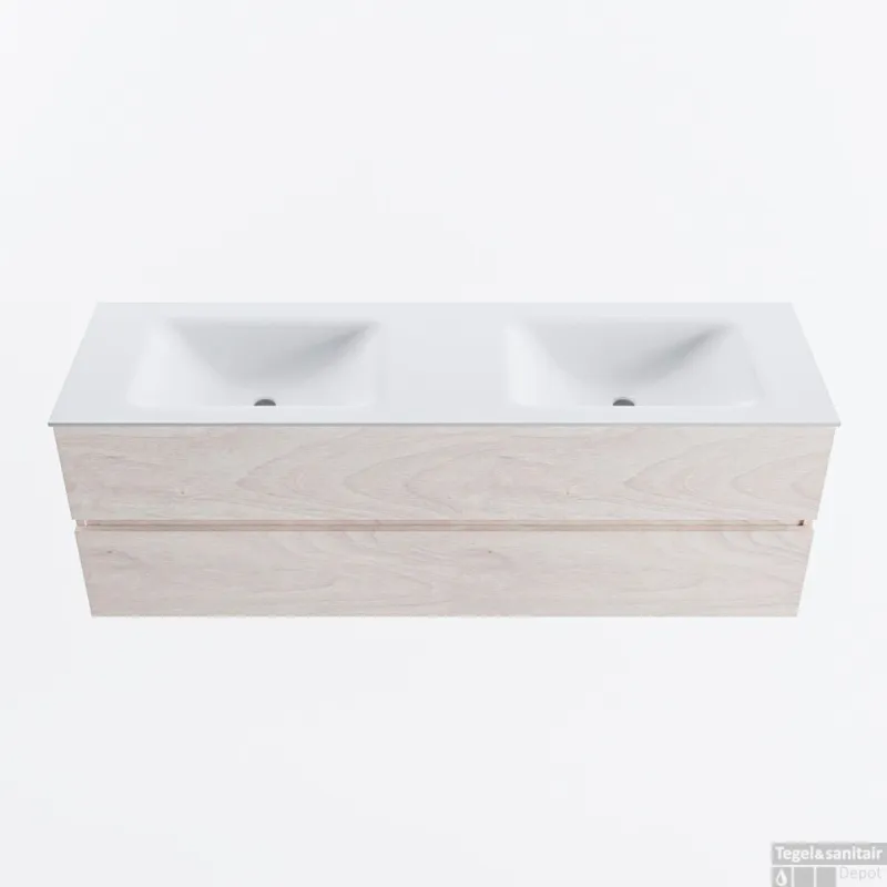 MONDIAZ VICA 150cm badmeubel onderkast Underlayment 2 lades. Wastafel CLOUD dubbel zonder kraangat, kleur Talc. Dagaanbieding