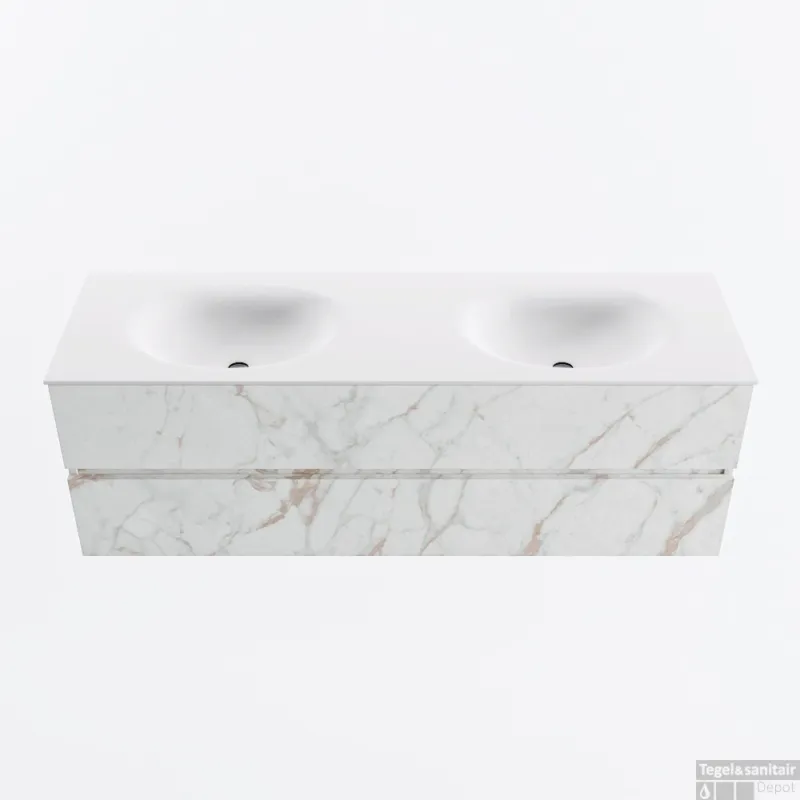 Direct Verzonden MONDIAZ VICA 150cm badmeubel onderkast Carrara 2 lades. Wastafel MOON dubbel 2 kraangaten, kleur Talc.