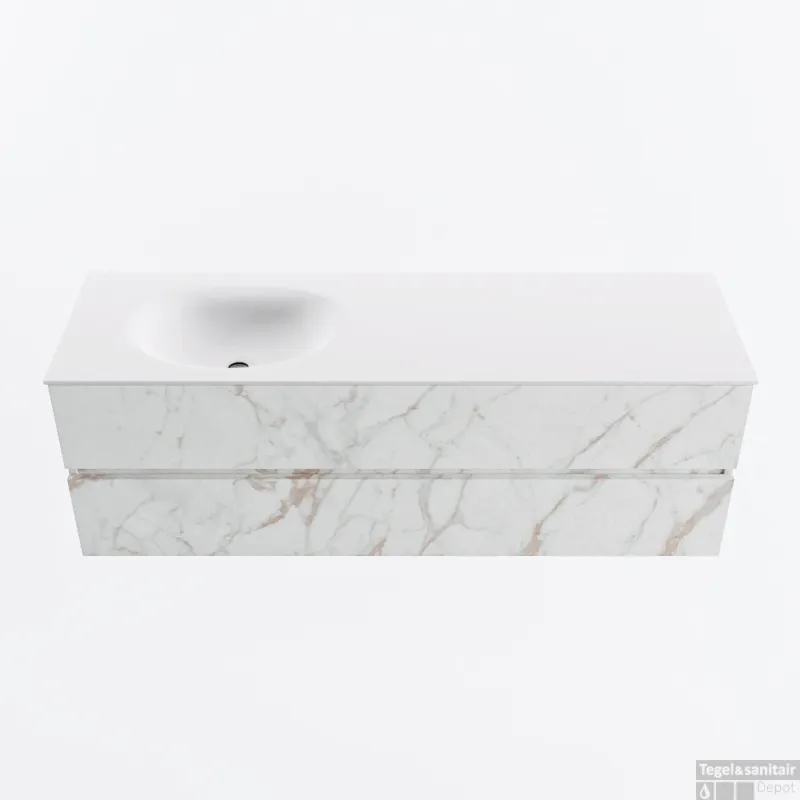 MONDIAZ VICA 150cm badmeubel onderkast Carrara 2 lades. Wastafel MOON links zonder kraangat, kleur Talc. Seizoensaanbieding