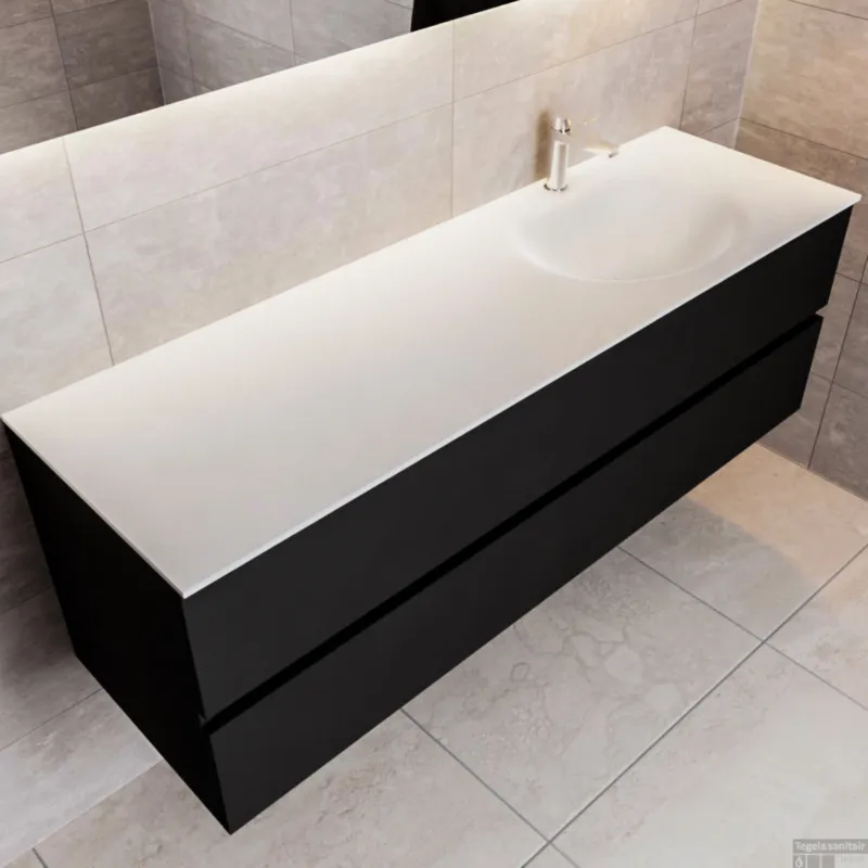 Badkamermeubel Solid Surface BWS Stockholm 150x45 cm Mat Zwart Urban Rechts (1 kraangat) Nu Kopen