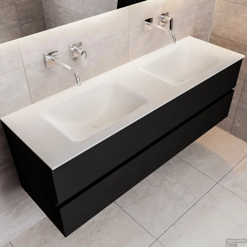 Badkamermeubel Solid Surface BWS Oslo 150x45 cm Mat Zwart Urban Dubbel (0 kraangaten) Merkproduct