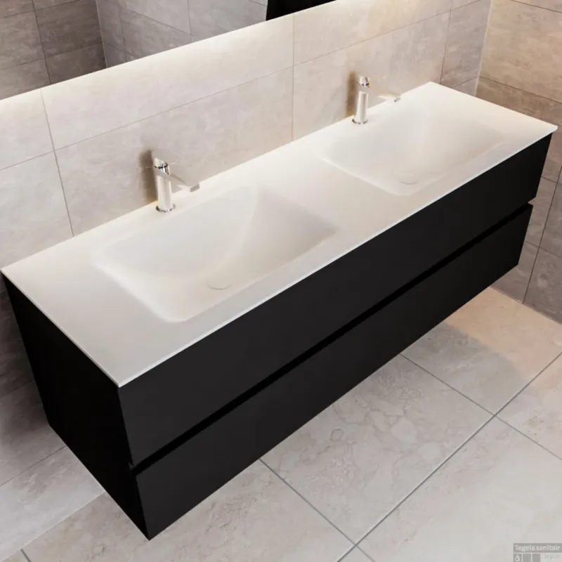 Badkamermeubel Solid Surface BWS Oslo 150x45 cm Mat Zwart Urban Dubbel (2 kraangaten) Gecertificeerd