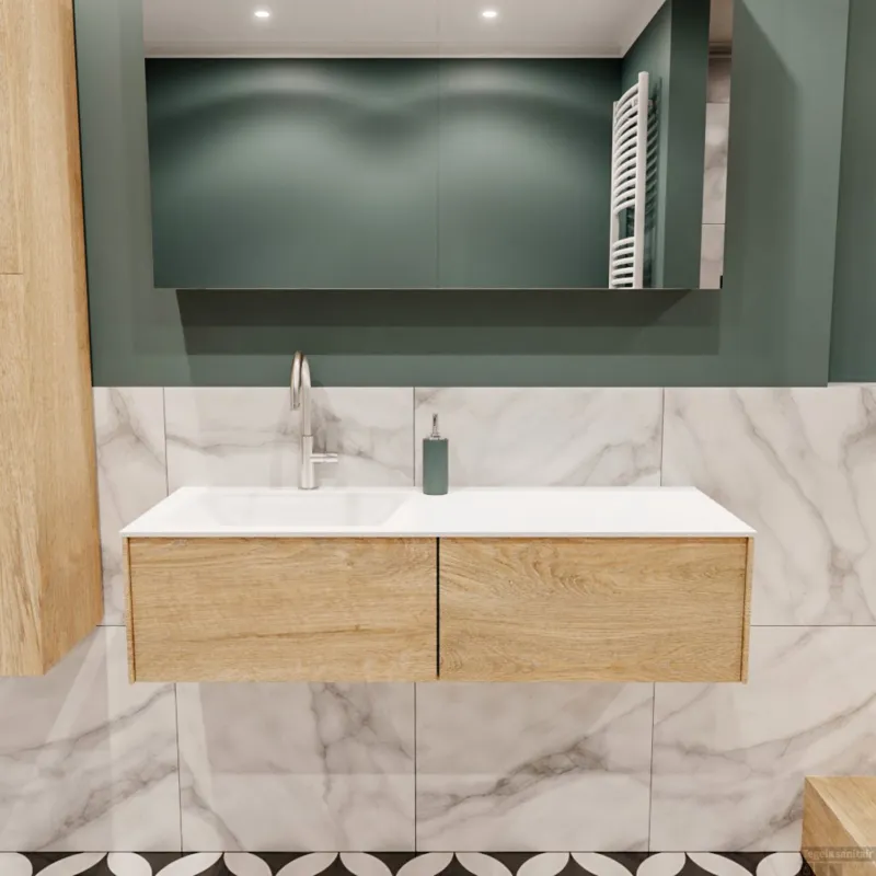 Actieprijs Badkamermeubel BWS Madrid Washed Oak 120x45x30 cm Mat Witte Solid Surface Wastafel Links (2 lades, 1 kraangat)