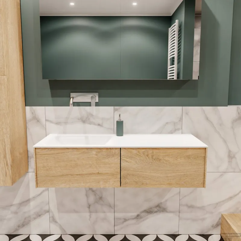 Badkamermeubel BWS Madrid Washed Oak 120x45x30 cm Mat Witte Solid Surface Wastafel Links (2 lades, 0 kraangaten) Superprijs