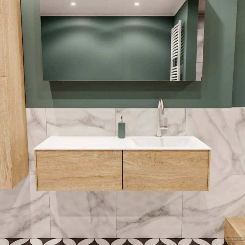 Must-Have Badkamermeubel BWS Madrid Washed Oak 120x45x30 cm Mat Witte Solid Surface Wastafel Rechts (2 lades, 1 kraangat)