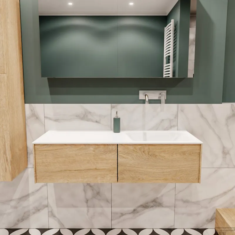 Badkamermeubel BWS Madrid Washed Oak 120x45x30 cm Mat Witte Solid Surface Wastafel Rechts (2 lades, 0 kraangaten) Alleen Vandaag