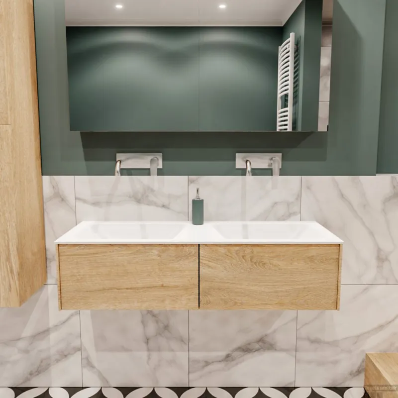 Seizoensaanbieding Badkamermeubel BWS Madrid Washed Oak 120x45x30 cm Mat Witte Solid Surface Wastafel Dubbel (2 lades, 0 kraangaten)