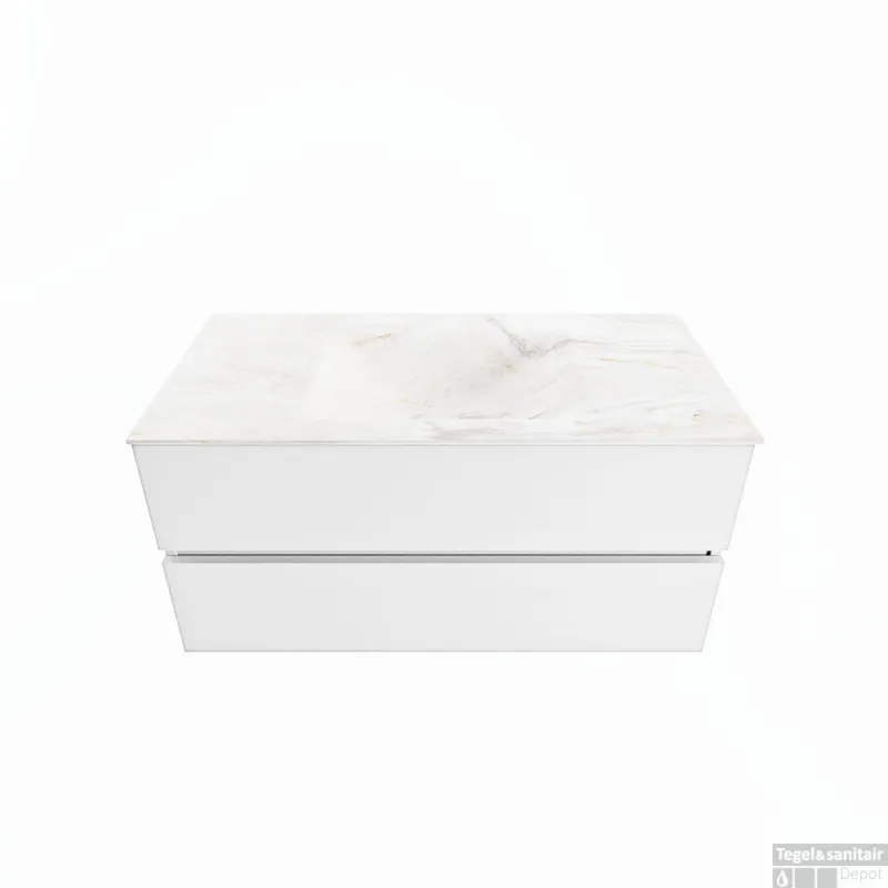 MONDIAZ VICA-DLUX 100cm badmeubel onderkast Talc 2 lades. Inbouw wastafel CLOUD midden zonder kraangat, kleur Ostra. Direct Verzonden