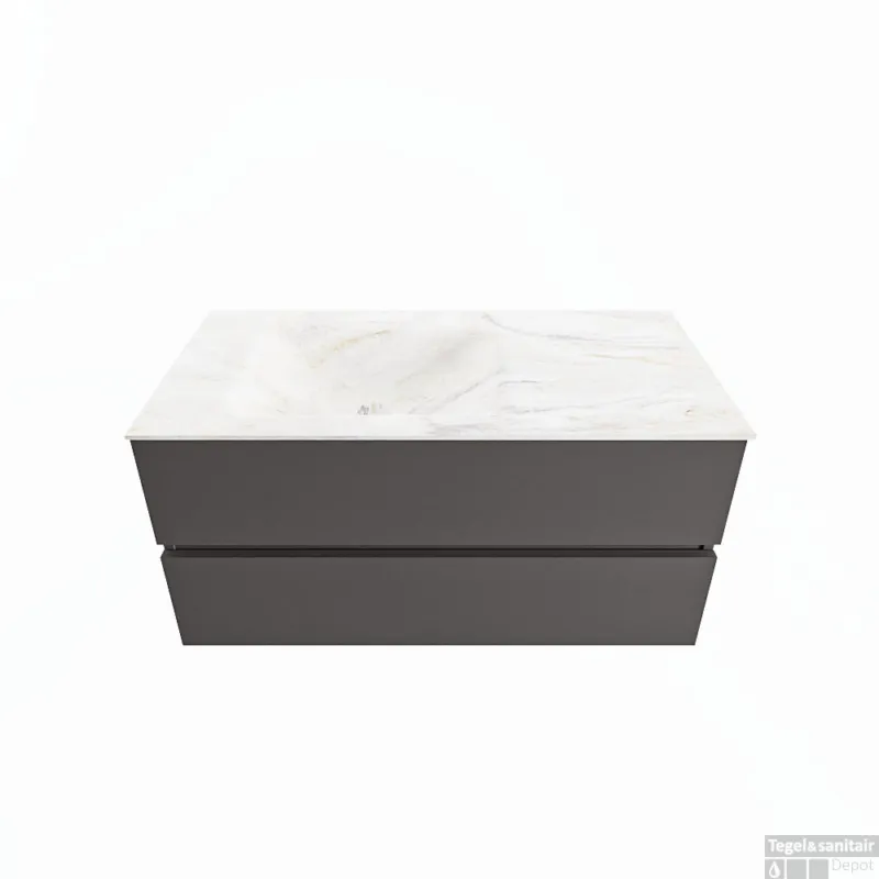 MONDIAZ VICA-DLUX 100cm badmeubel onderkast Dark grey 2 lades. Inbouw wastafel CLOUD links zonder kraangat, kleur Ostra. Betaalbaar