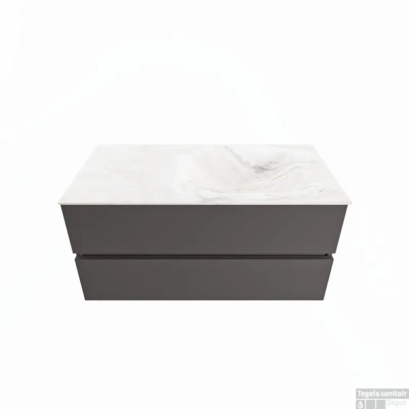 Fabrieksprijs MONDIAZ VICA-DLUX 100cm badmeubel onderkast Dark grey 2 lades. Inbouw wastafel CLOUD rechts zonder kraangat, kleur Ostra.