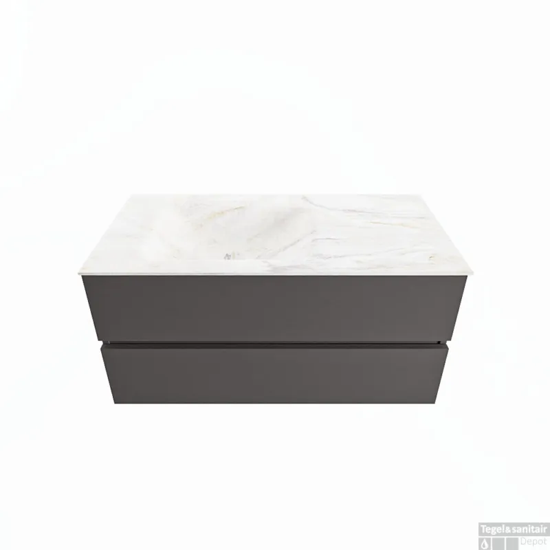 Betaalbaar MONDIAZ VICA-DLUX 100cm badmeubel onderkast Dark grey 2 lades. Inbouw wastafel CLOUD links 1 kraangat, kleur Ostra.
