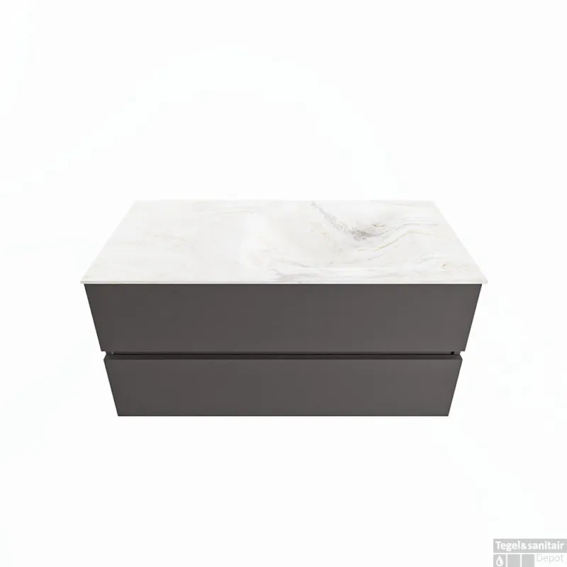 Speciale Aanbieding MONDIAZ VICA-DLUX 100cm badmeubel onderkast Dark grey 2 lades. Inbouw wastafel CLOUD rechts 1 kraangat, kleur Ostra.