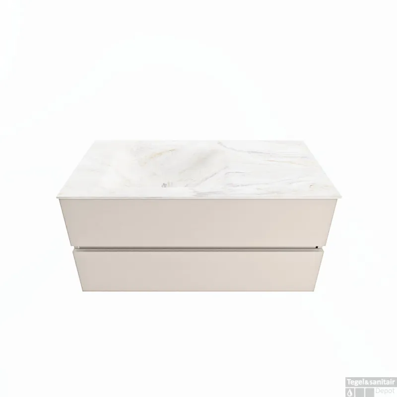 MONDIAZ VICA-DLUX 100cm badmeubel onderkast Linen 2 lades. Inbouw wastafel CLOUD links zonder kraangat, kleur Ostra. Rechtstreeks Van De Fabrikant