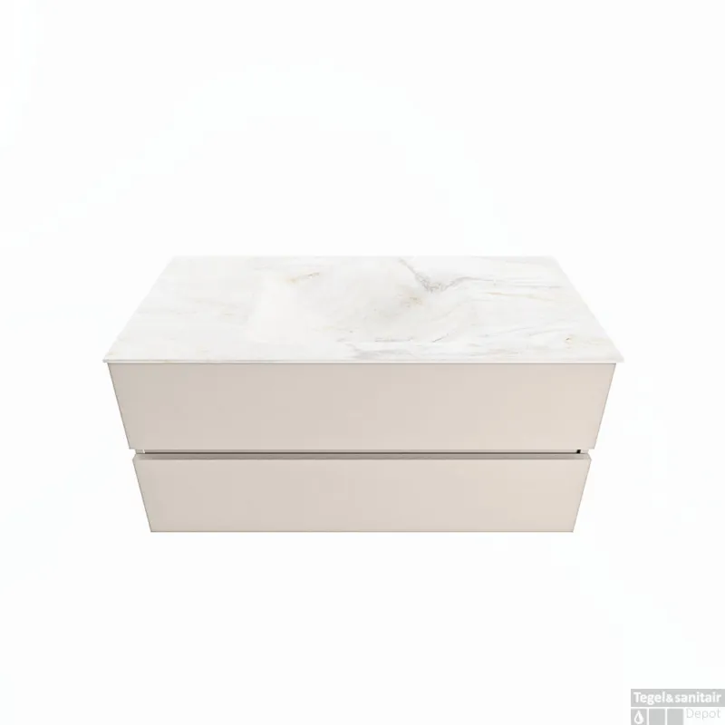 Premium MONDIAZ VICA-DLUX 100cm badmeubel onderkast Linen 2 lades. Inbouw wastafel CLOUD midden 1 kraangat, kleur Ostra.