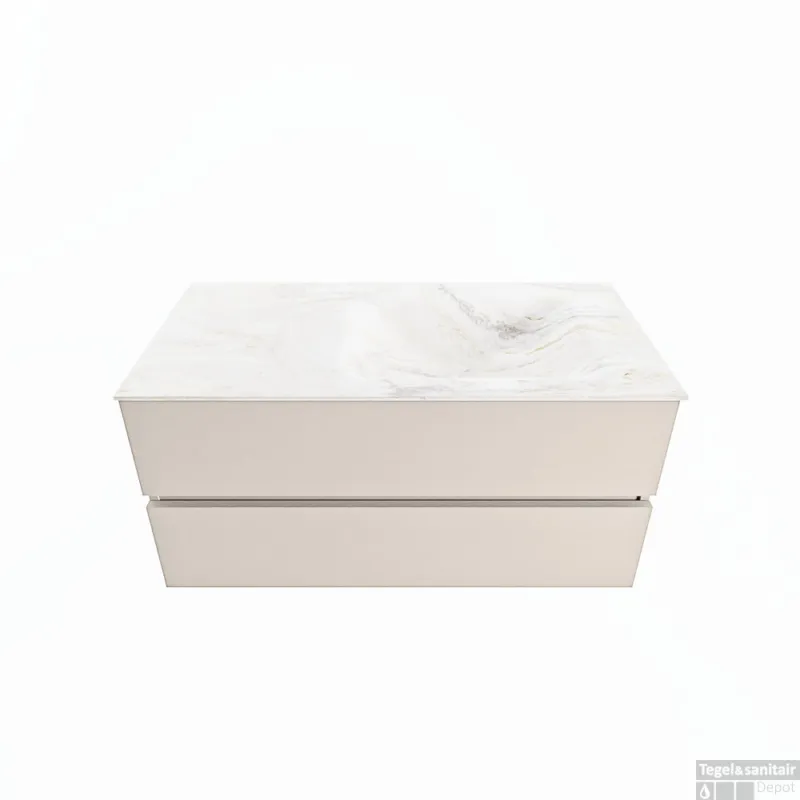 MONDIAZ VICA-DLUX 100cm badmeubel onderkast Linen 2 lades. Inbouw wastafel CLOUD rechts 1 kraangat, kleur Ostra. Speciale Aanbieding