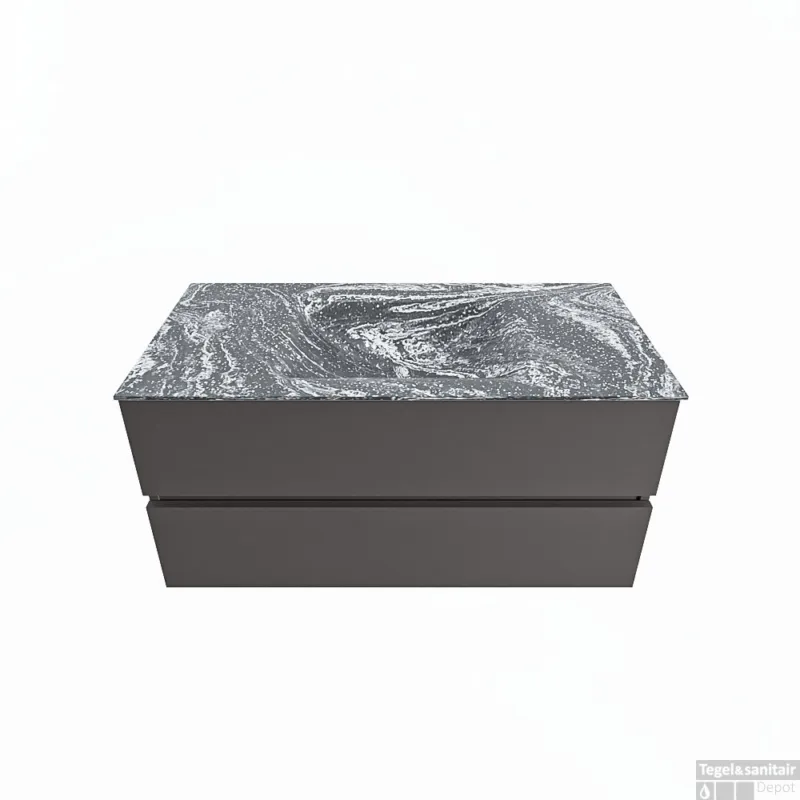 MONDIAZ VICA-DLUX 100cm badmeubel onderkast Dark grey 2 lades. Inbouw wastafel CLOUD midden zonder kraangat, kleur Lava. Lage Prijs