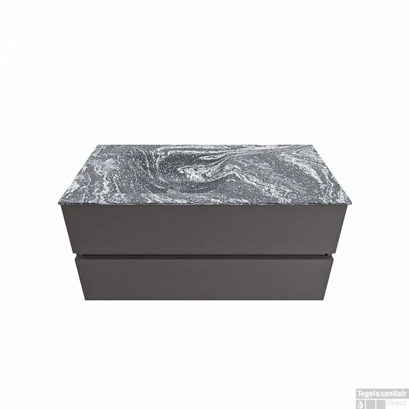 MONDIAZ VICA-DLUX 100cm badmeubel onderkast Dark grey 2 lades. Inbouw wastafel CLOUD links zonder kraangat, kleur Lava. Premium