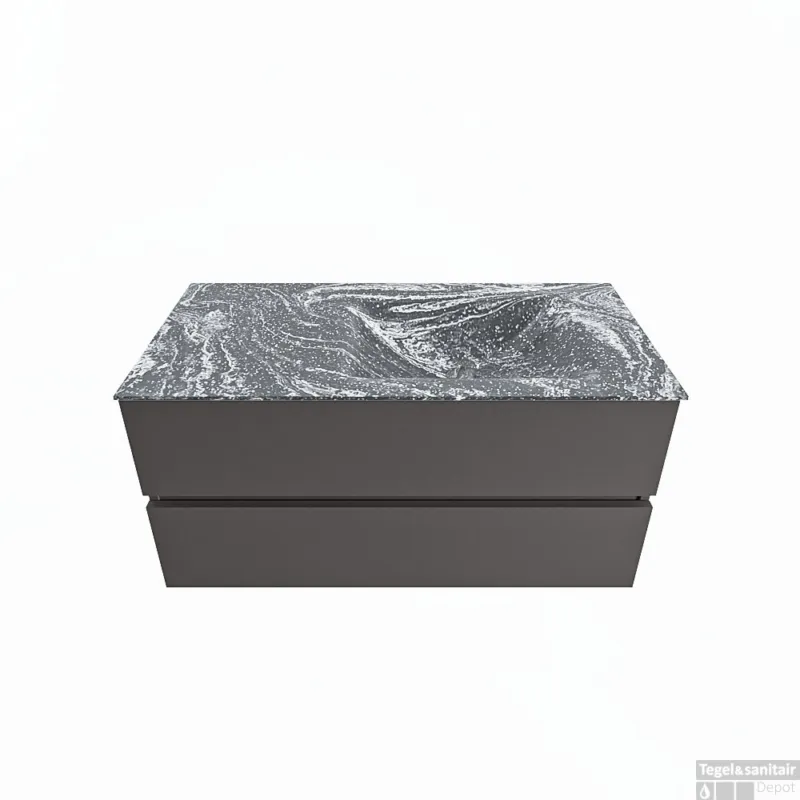 Hoge Kwaliteit MONDIAZ VICA-DLUX 100cm badmeubel onderkast Dark grey 2 lades. Inbouw wastafel CLOUD rechts 1 kraangat, kleur Lava.