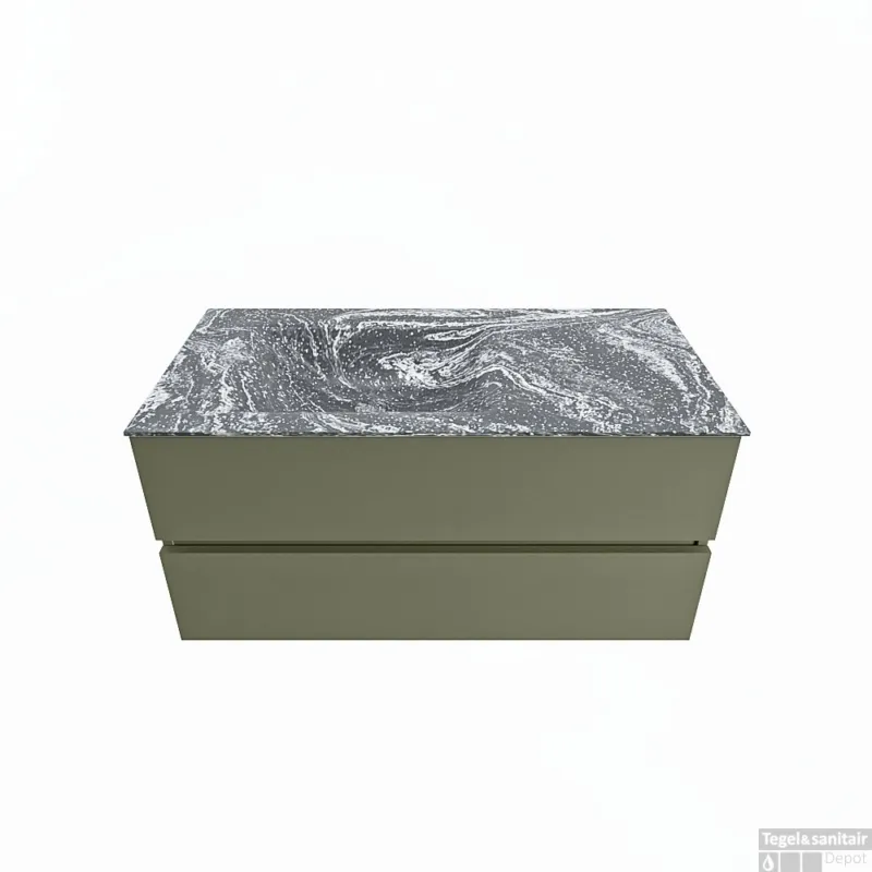 MONDIAZ VICA-DLUX 100cm badmeubel onderkast Army 2 lades. Inbouw wastafel CLOUD links zonder kraangat, kleur Lava. Express Levering