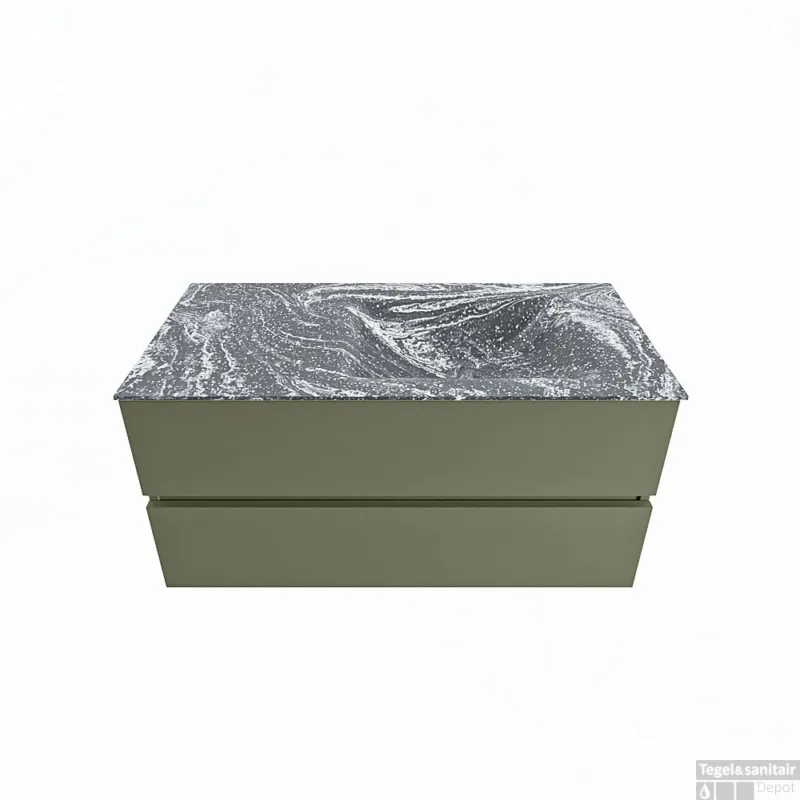 Op = Op MONDIAZ VICA-DLUX 100cm badmeubel onderkast Army 2 lades. Inbouw wastafel CLOUD rechts zonder kraangat, kleur Lava.