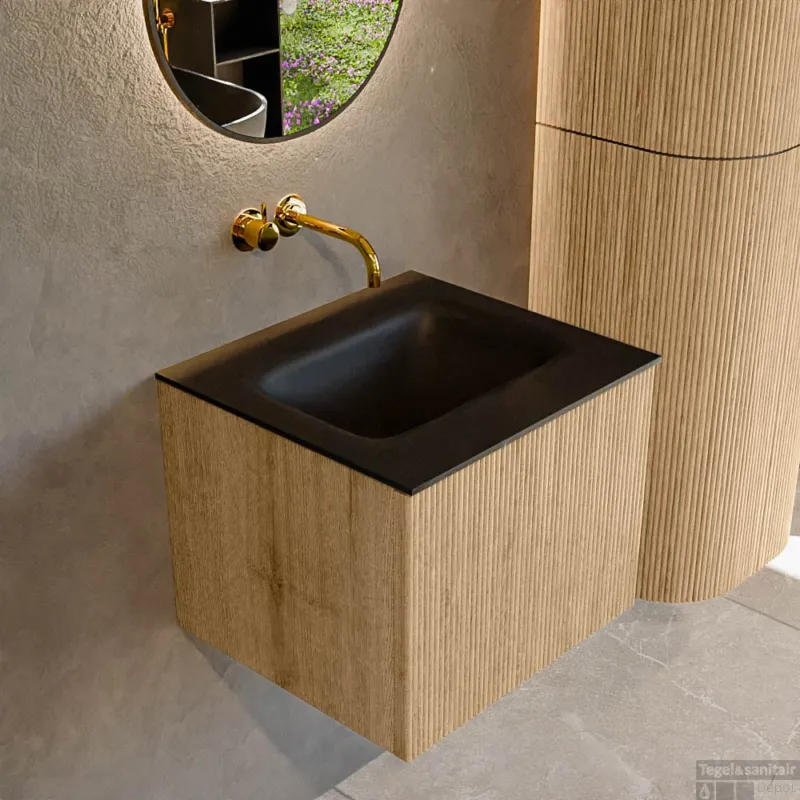 Mondiaz KURVE 50 cm Onderkast Greeploos 1 Lade Zonder Deuren Oak, Wastafel Solid Surface Midden Urban 0 Kraangaten Zonder Spiegel (KRVGRU501L0D0KM-Oak/Urb) Beperkte Voorraad