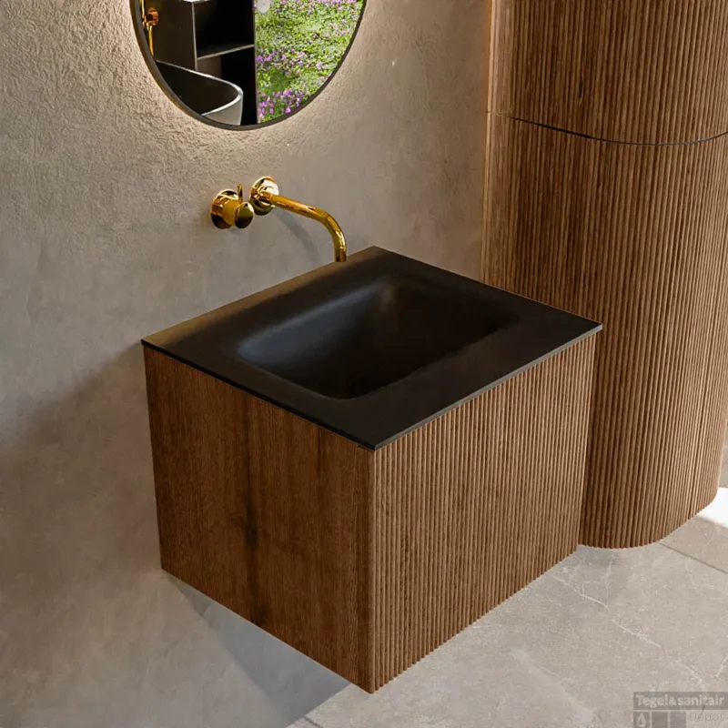 Direct Beschikbaar Mondiaz KURVE 50 cm Onderkast Greeploos 1 Lade Zonder Deuren Walnut, Wastafel Solid Surface Midden Urban 0 Kraangaten Zonder Spiegel (KRVGRU501L0D0KM-Wal/Urb)