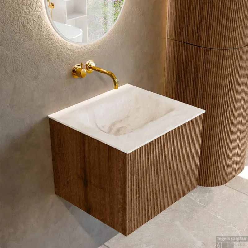 Laatste Versie Mondiaz KURVE-DLUX 50 cm Onderkast Greeploos 1 Lade Zonder Deuren Walnut, Wastafel Solid Surface Midden Frappe 0 Kraangaten Zonder Spiegel (KRVGRU501L0D0KM-Wal/Fra)