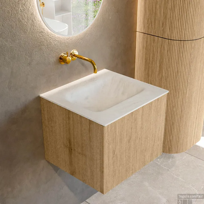 Mondiaz KURVE-DLUX 50 cm Onderkast Greeploos 1 Lade Zonder Deuren Oak, Wastafel Solid Surface Midden Opalo 0 Kraangaten Zonder Spiegel (KRVGRU501L0D0KM-Oak/Opa) Gecertificeerd
