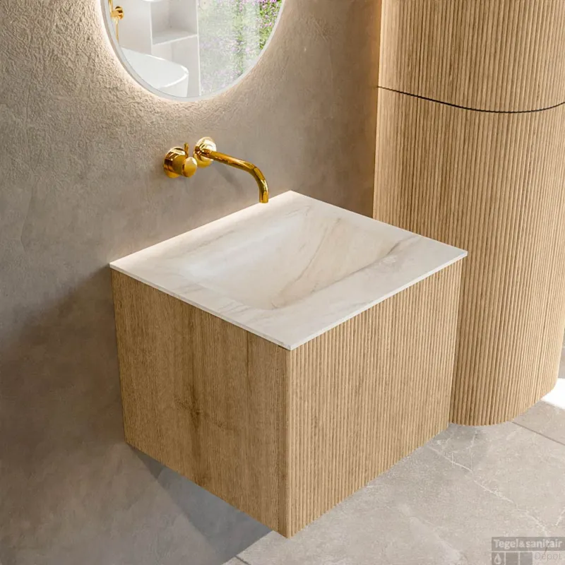 Mondiaz KURVE-DLUX 50 cm Onderkast Greeploos 1 Lade Zonder Deuren Oak, Wastafel Solid Surface Midden Ostra 0 Kraangaten Zonder Spiegel (KRVGRU501L0D0KM-Oak/Ost) Bestel Nu