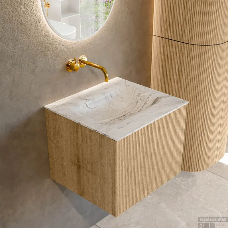 Mondiaz KURVE-DLUX 50 cm Onderkast Greeploos 1 Lade Zonder Deuren Oak, Wastafel Solid Surface Midden Glace 0 Kraangaten Zonder Spiegel (KRVGRU501L0D0KM-Oak/Gla) Actieprijs