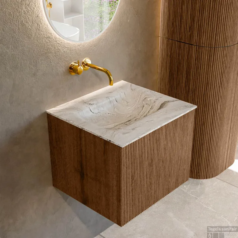 Mondiaz KURVE-DLUX 50 cm Onderkast Greeploos 1 Lade Zonder Deuren Walnut, Wastafel Solid Surface Midden Glace 0 Kraangaten Zonder Spiegel (KRVGRU501L0D0KM-Wal/Gla) Finale Uitverkoop