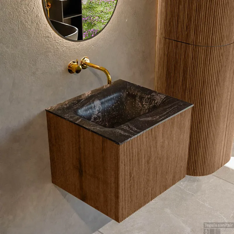Mondiaz KURVE-DLUX 50 cm Onderkast Greeploos 1 Lade Zonder Deuren Walnut, Wastafel Solid Surface Midden Lava 0 Kraangaten Zonder Spiegel (KRVGRU501L0D0KM-Wal/Lav) Populair