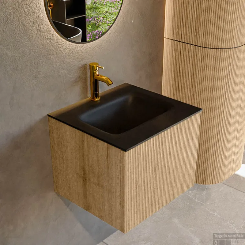 Mondiaz KURVE 50 cm Onderkast Greeploos 1 Lade Zonder Deuren Oak, Wastafel Solid Surface Midden Urban 1 Kraangat Zonder Spiegel (KRVGRU501L0D1KM-Oak/Urb) Bestseller