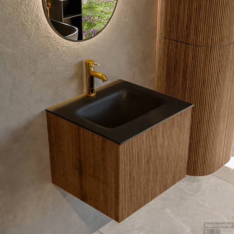 Tijdelijk Beschikbaar Mondiaz KURVE 50 cm Onderkast Greeploos 1 Lade Zonder Deuren Walnut, Wastafel Solid Surface Midden Urban 1 Kraangat Zonder Spiegel (KRVGRU501L0D1KM-Wal/Urb)