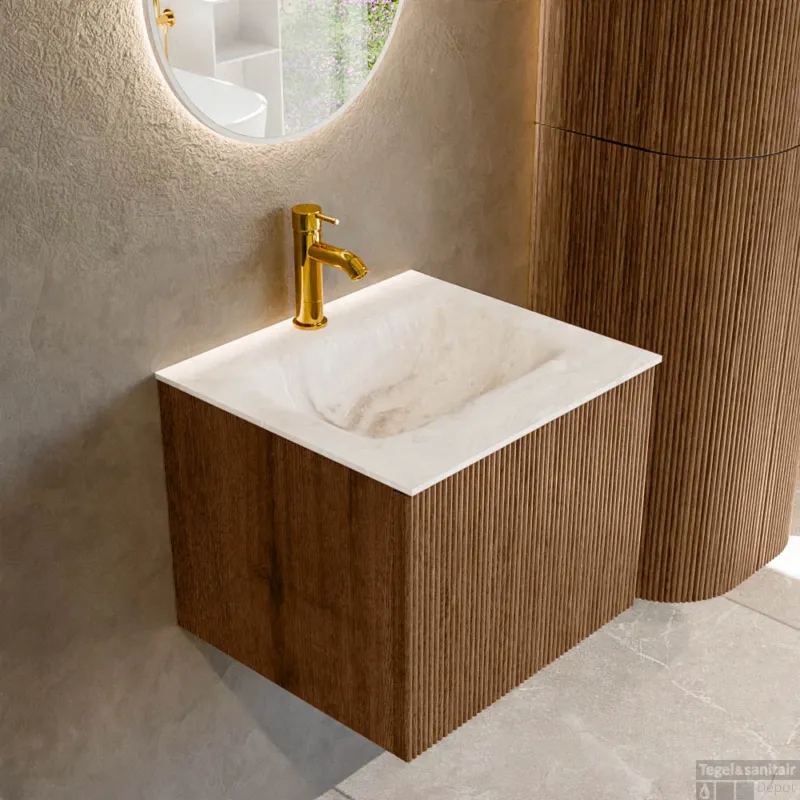 Actieprijs Mondiaz KURVE-DLUX 50 cm Onderkast Greeploos 1 Lade Zonder Deuren Walnut, Wastafel Solid Surface Midden Frappe 1 Kraangat Zonder Spiegel (KRVGRU501L0D1KM-Wal/Fra)