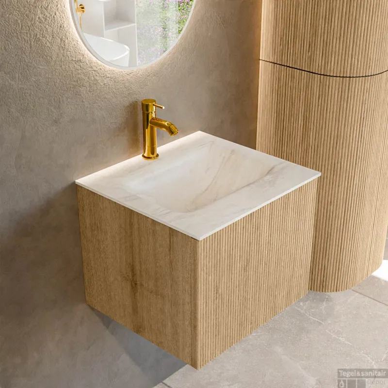 Korting Mondiaz KURVE-DLUX 50 cm Onderkast Greeploos 1 Lade Zonder Deuren Oak, Wastafel Solid Surface Midden Ostra 1 Kraangat Zonder Spiegel (KRVGRU501L0D1KM-Oak/Ost)