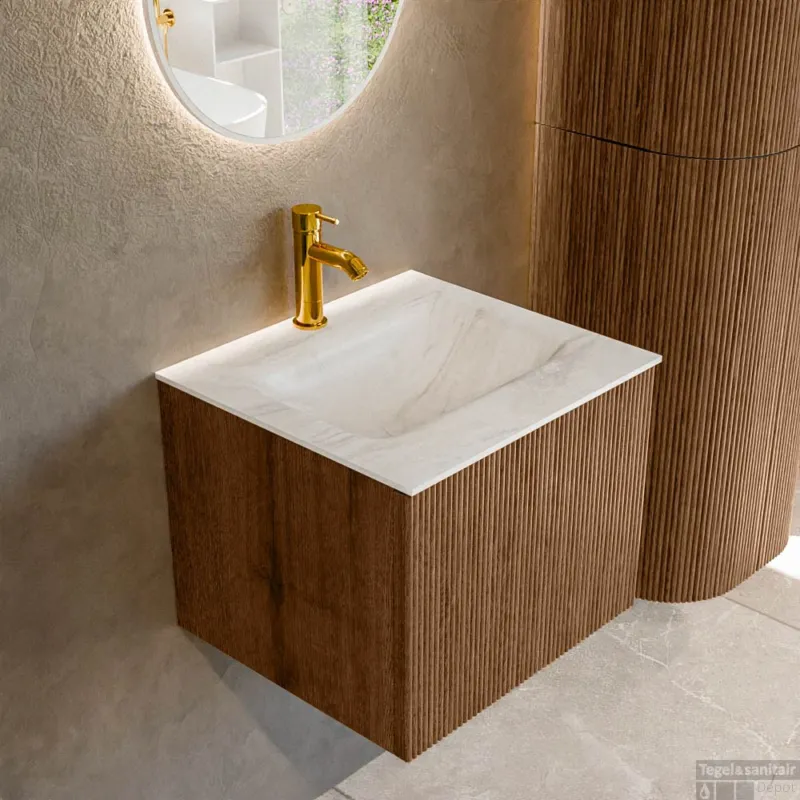 Mondiaz KURVE-DLUX 50 cm Onderkast Greeploos 1 Lade Zonder Deuren Walnut, Wastafel Solid Surface Midden Ostra 1 Kraangat Zonder Spiegel (KRVGRU501L0D1KM-Wal/Ost) Populair