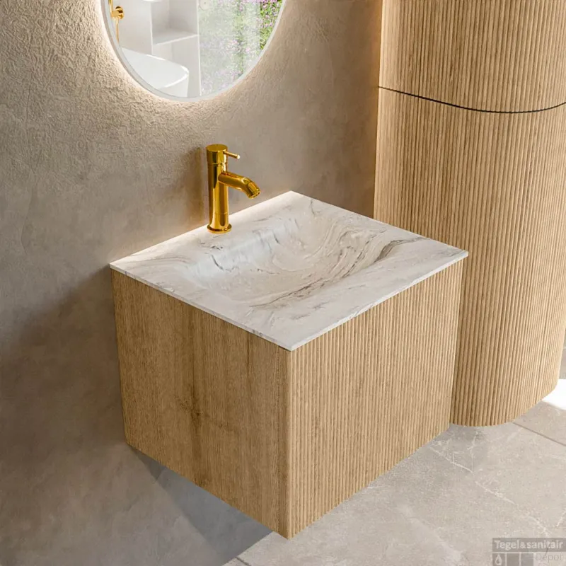 Mondiaz KURVE-DLUX 50 cm Onderkast Greeploos 1 Lade Zonder Deuren Oak, Wastafel Solid Surface Midden Glace 1 Kraangat Zonder Spiegel (KRVGRU501L0D1KM-Oak/Gla) Bestseller