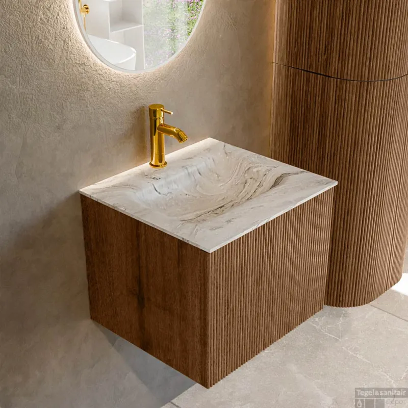 Mondiaz KURVE-DLUX 50 cm Onderkast Greeploos 1 Lade Zonder Deuren Walnut, Wastafel Solid Surface Midden Glace 1 Kraangat Zonder Spiegel (KRVGRU501L0D1KM-Wal/Gla) Flitsaanbieding
