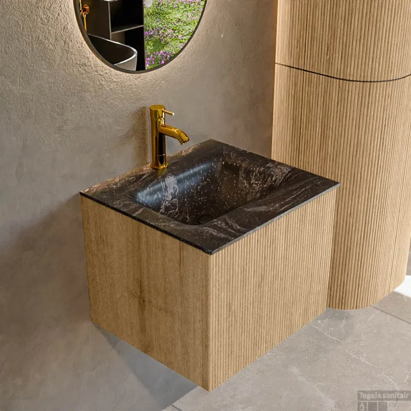 Mondiaz KURVE-DLUX 50 cm Onderkast Greeploos 1 Lade Zonder Deuren Oak, Wastafel Solid Surface Midden Lava 1 Kraangat Zonder Spiegel (KRVGRU501L0D1KM-Oak/Lav) Express Levering