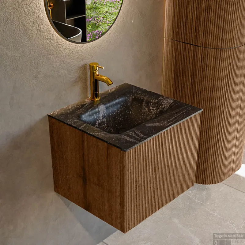 Mondiaz KURVE-DLUX 50 cm Onderkast Greeploos 1 Lade Zonder Deuren Walnut, Wastafel Solid Surface Midden Lava 1 Kraangat Zonder Spiegel (KRVGRU501L0D1KM-Wal/Lav) Uitverkoop