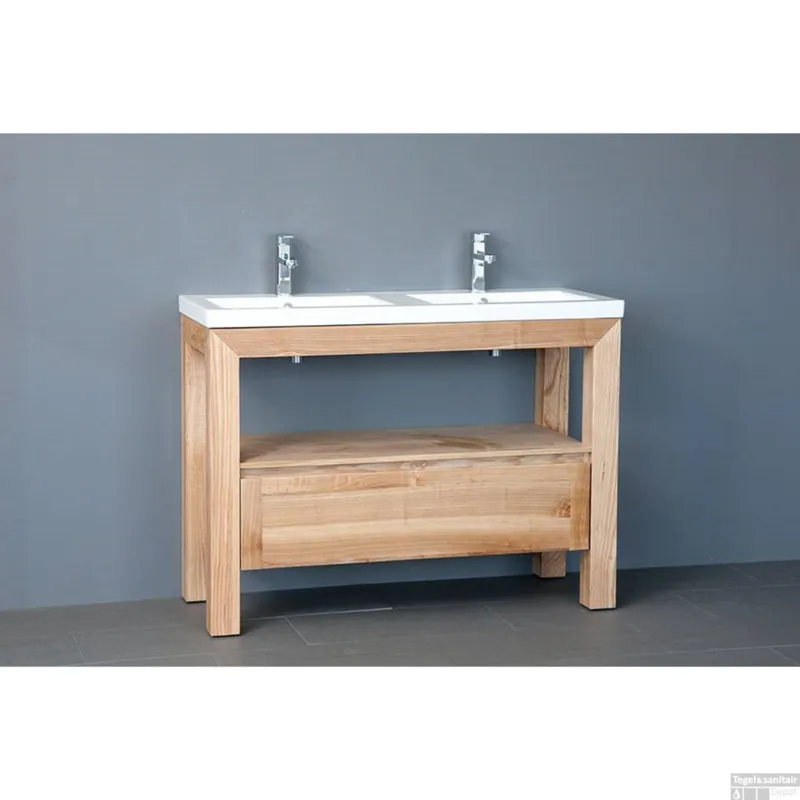 Badkamermeubelset Sanilux Robusta Keramiek 120x47x85 cm 2 Kraangaten Massief Eikenhout Superprijs