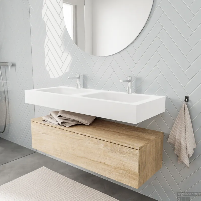 Badmeubel Ibiza 120 cm Washed Oak Spoelbak Dubbel Mat Wit (2 kraangaten) Hoge Kwaliteit