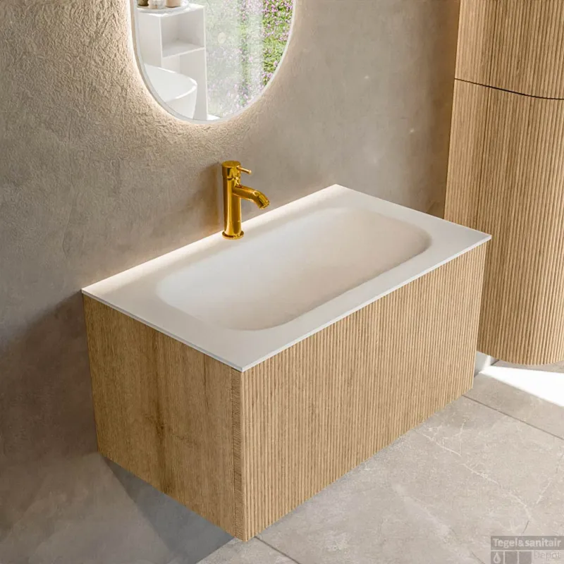 Mondiaz KURVE 80 cm Onderkast Greeploos 1 Lade Zonder Deuren Oak, Wastafel Solid Surface Volledig Talc 1 Kraangat Zonder Spiegel (KRVBGS801L0D1KM-Oak/Tal) Uitverkoop