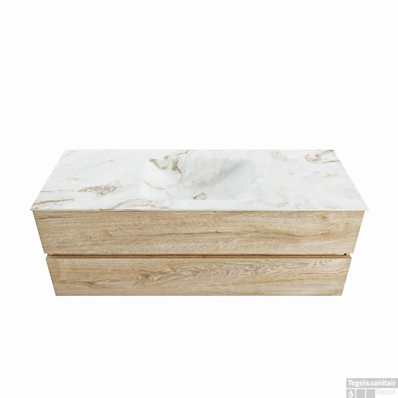 MONDIAZ VICA-DLUX 130cm badmeubel onderkast Washed Oak 2 lades. Inbouw wastafel CLOUD midden zonder kraangat, kleur Frappe. Superprijs