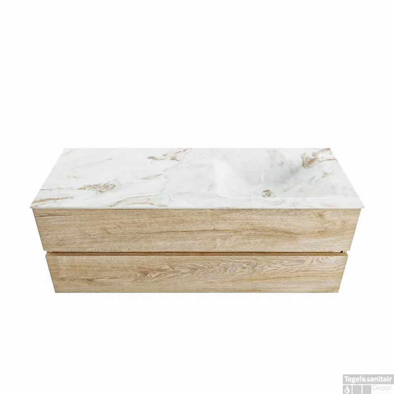 MONDIAZ VICA-DLUX 130cm badmeubel onderkast Washed Oak 2 lades. Inbouw wastafel CLOUD rechts zonder kraangat, kleur Frappe. Merkproduct